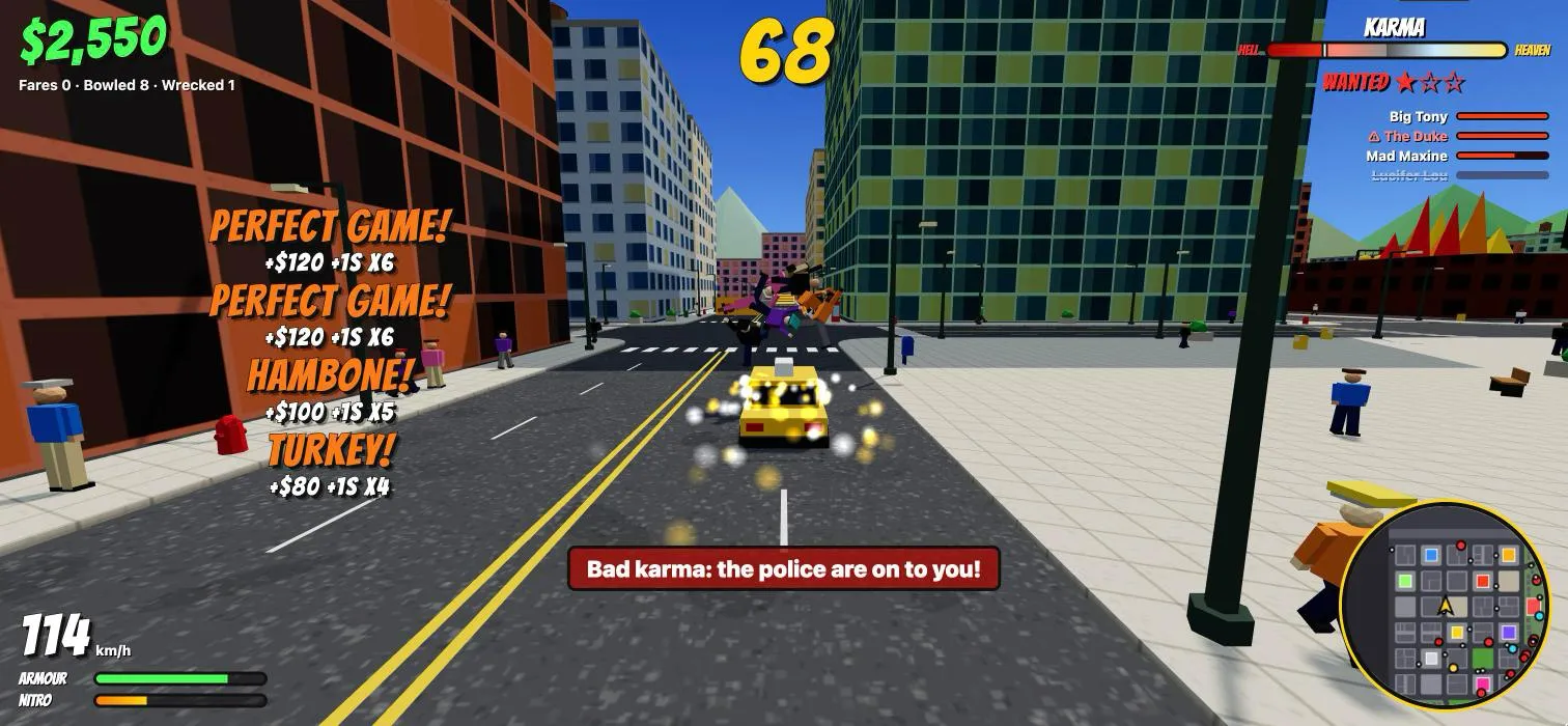 Pedestrians flying over the taxi, with the combo popups Turkey, Hambone and Perfect Game, and the first wanted star