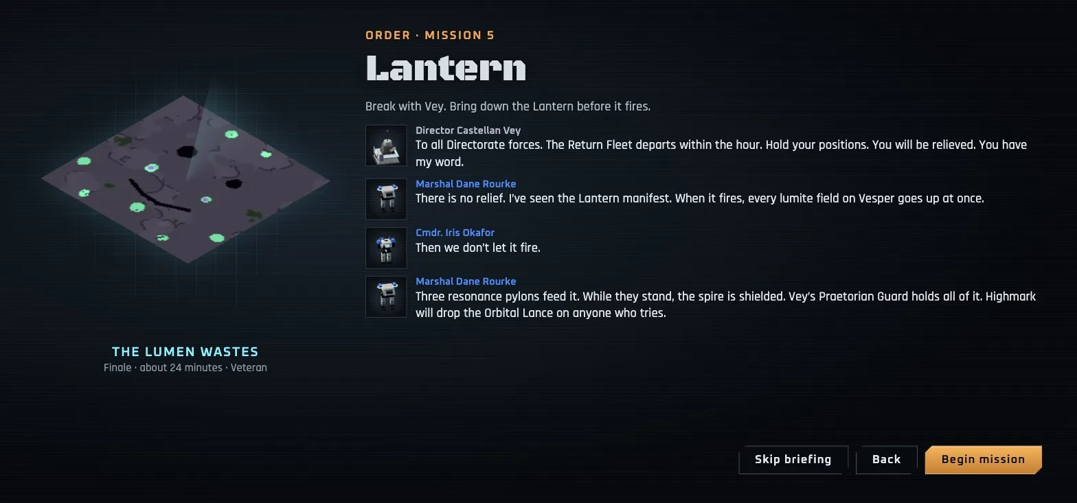 Voiced briefing for the Directorate finale, Lantern