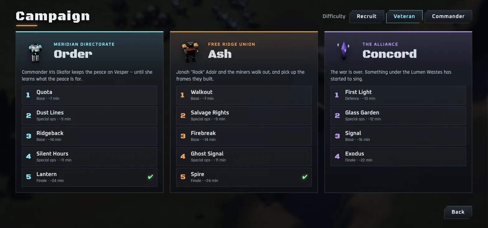 Campaign screen with the Order, Ash and locked Concord campaigns