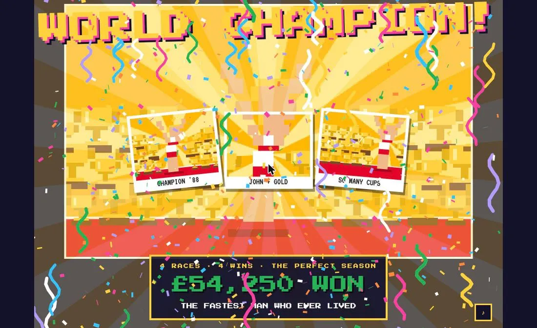 The perfect season: WORLD CHAMPION! over John among his trophies, with three polaroids and the total prize money