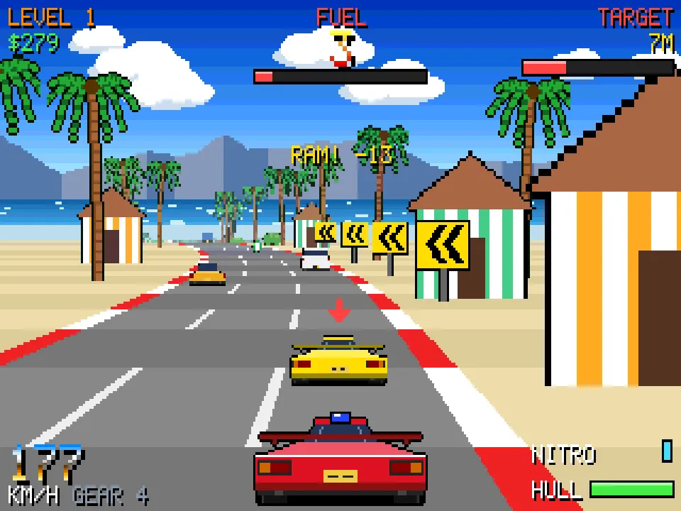 Ramming the yellow target car on the coastal highway