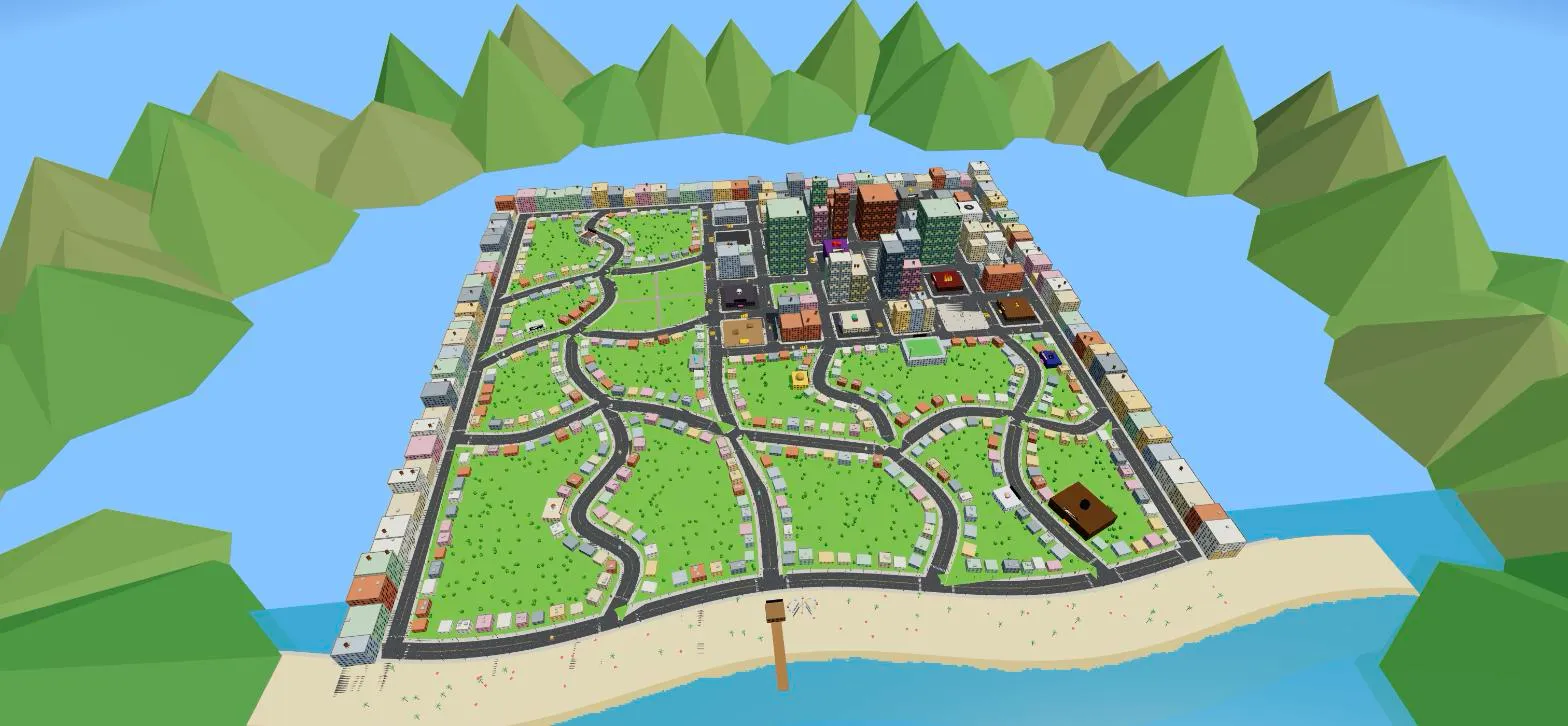 The whole city from the air: the downtown grid, winding roads through the suburbs and the hills, and the coast road along the beach with the pier