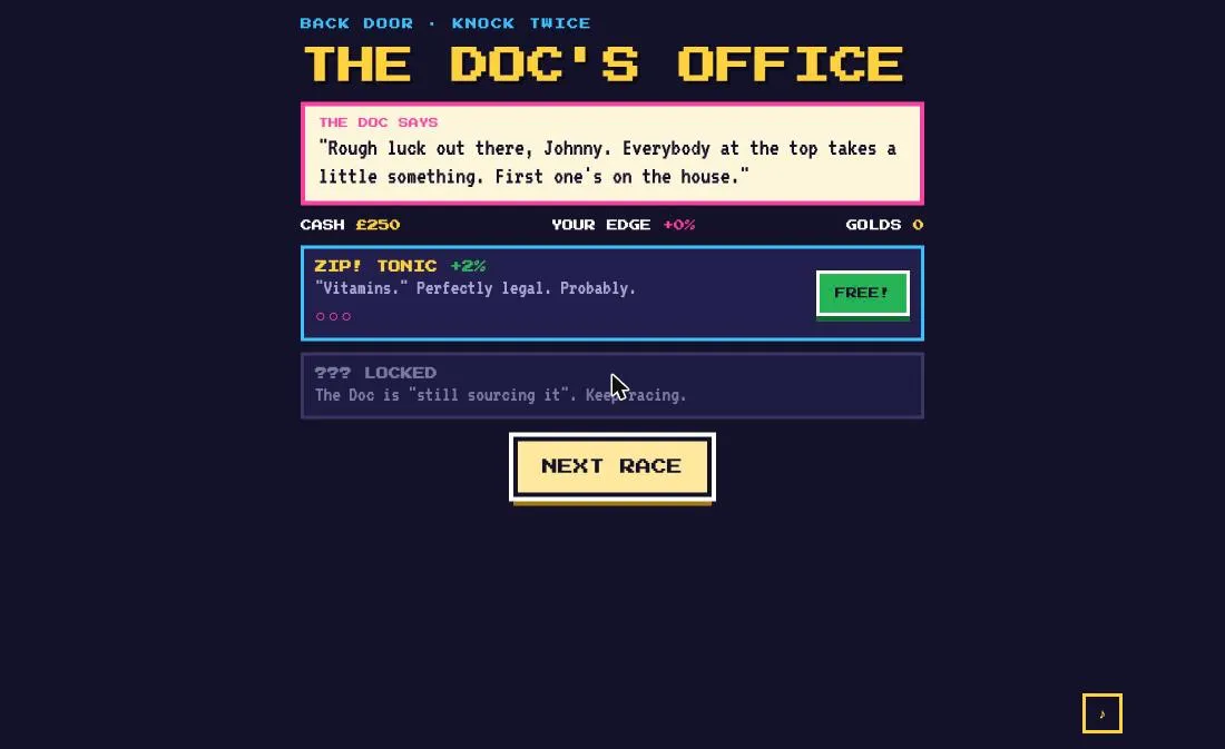 The Doc’s office: the Doc offers the first ZIP! TONIC for free, with one more item locked
