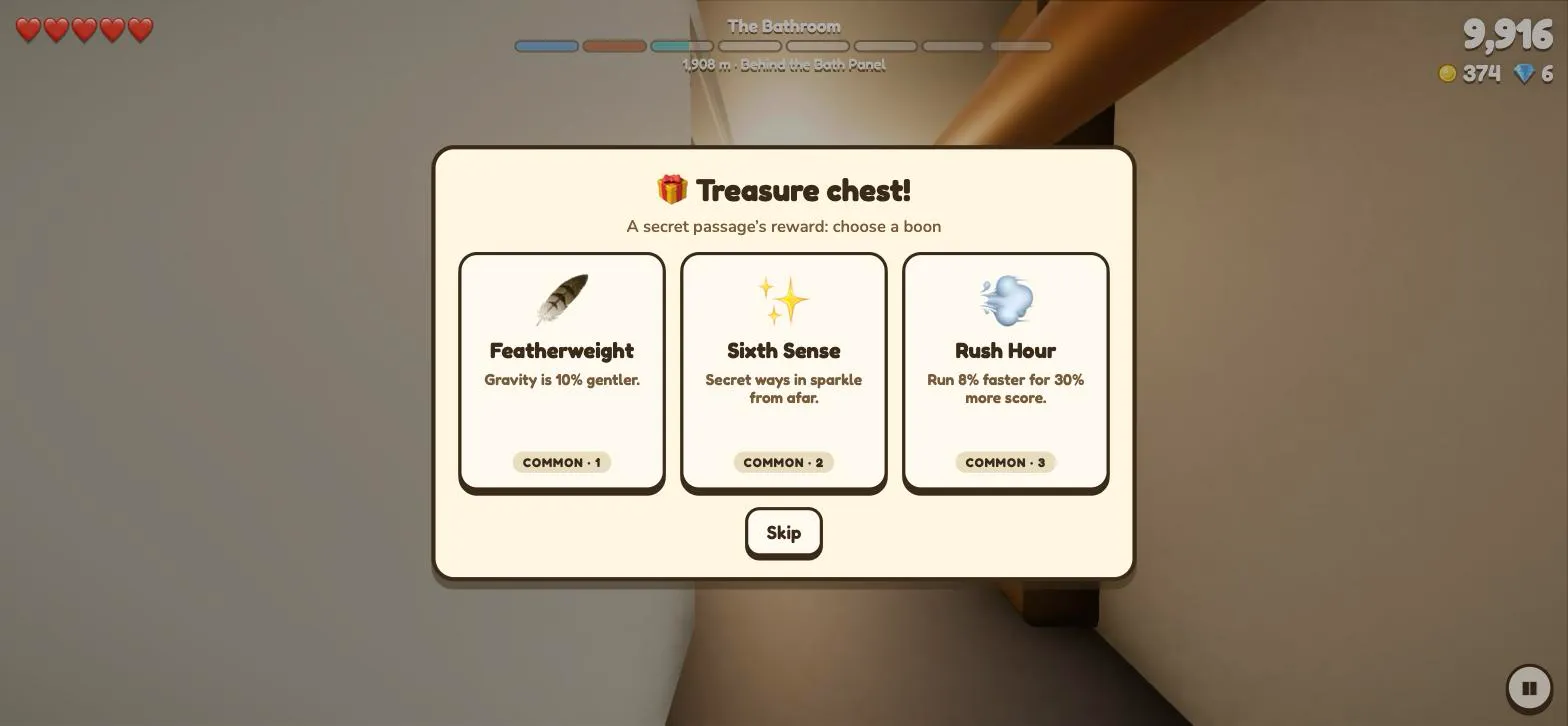 A treasure chest at the end of a secret passage offers a choice of boons
