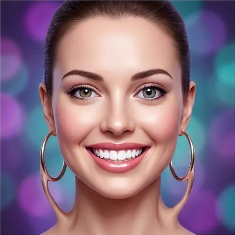 AI-generated portrait of a smiling woman whose hoop earrings melt into her neck