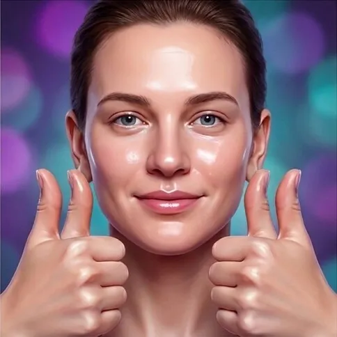 AI-generated portrait of a glossy-skinned woman giving a thumbs up with both hands, each hand sprouting two thumbs