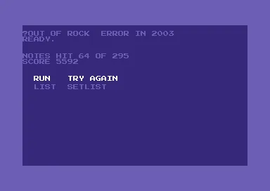 The fail screen: ?OUT OF ROCK ERROR IN 2003 on the blue BASIC screen
