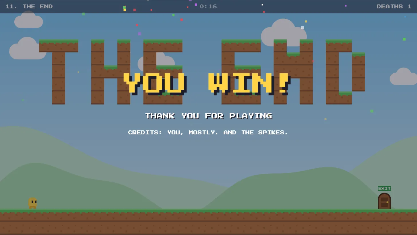 The End: a YOU WIN screen with confetti over the words THE END built from blocks, shortly before it says JUST KIDDING