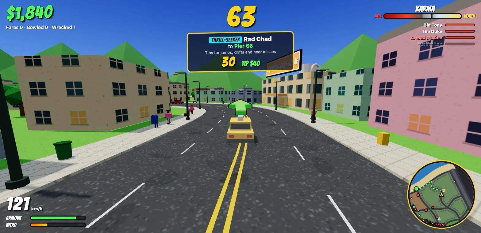 Taking a thrill-seeker down winding Hill Road to Pier 66, following the big green arrow, with the route traced on the zoomed-out minimap