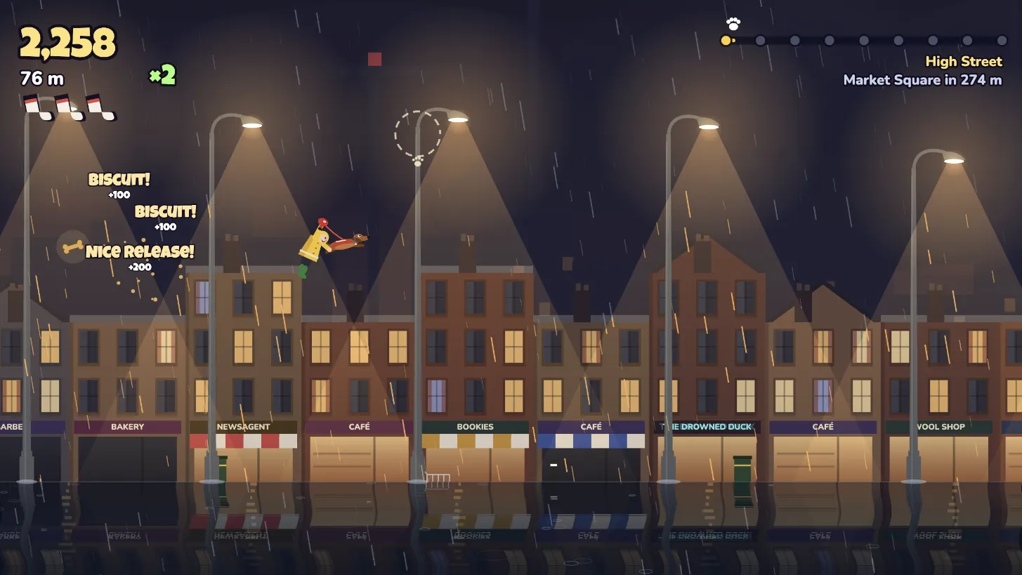 Flying through the rain after letting go, Sausage alongside, with a paw marker on the next lamppost