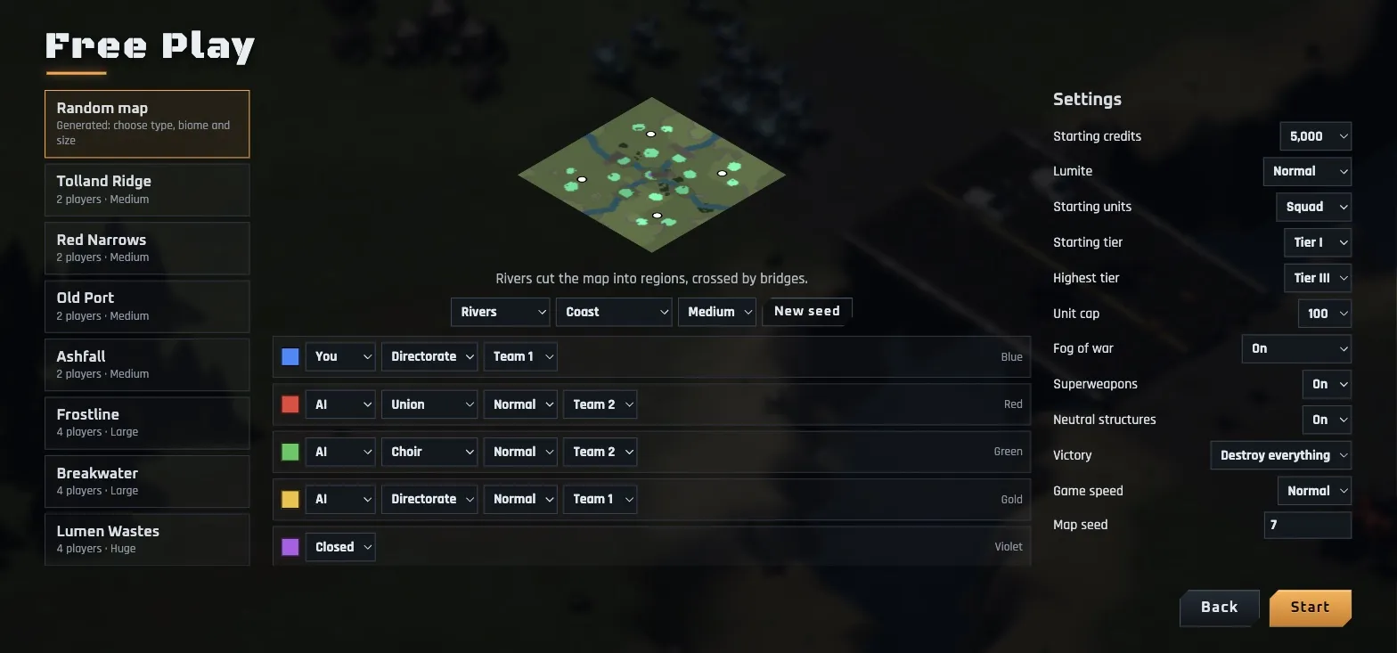 Free-play setup with a generated four-player river map
