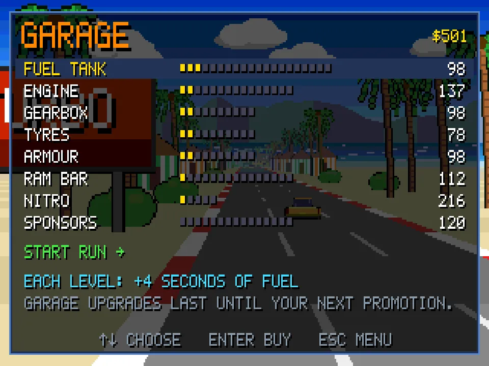 The garage: fuel tank, engine, gearbox, tyres, armour, ram bar, nitro and sponsors