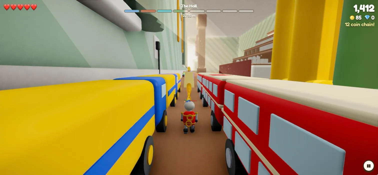 In the hall: Tick runs on the parquet between a parked toy lorry and a red double-decker bus, towards a ruler propped up as a ramp onto their roofs