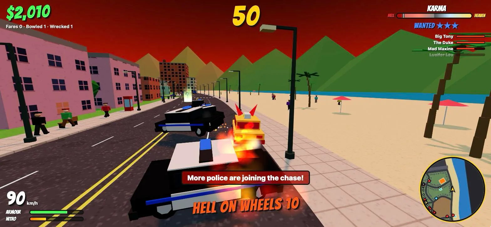 Hell on Wheels on the coast road: the taxi grows devil horns and burns, and sends a police car flying