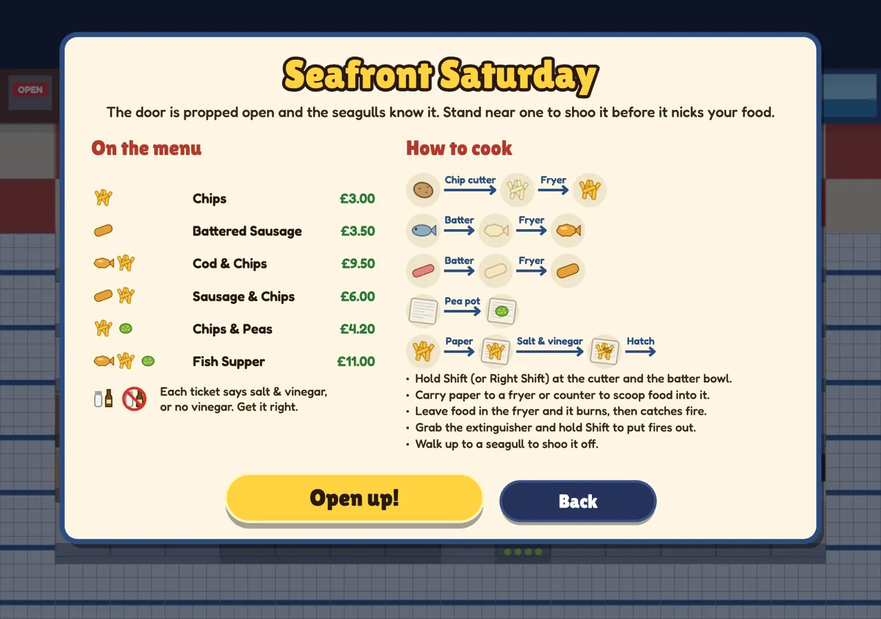 The Seafront Saturday intro card, with the menu and how to cook each part