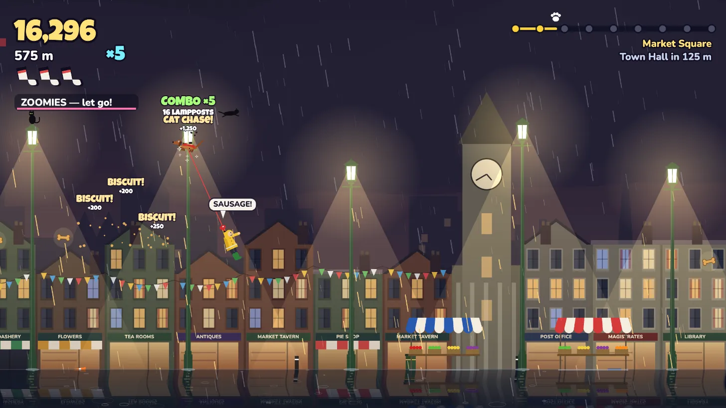 Market Square: Sausage chases a cat off a Victorian lamppost for zoomies, past market stalls, bunting and the town hall clock