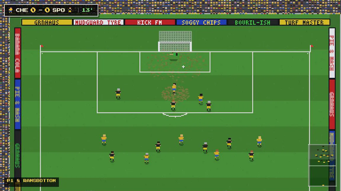 A Sunday Pub League match on a worn pitch: a cross into the box, the radar in the corner