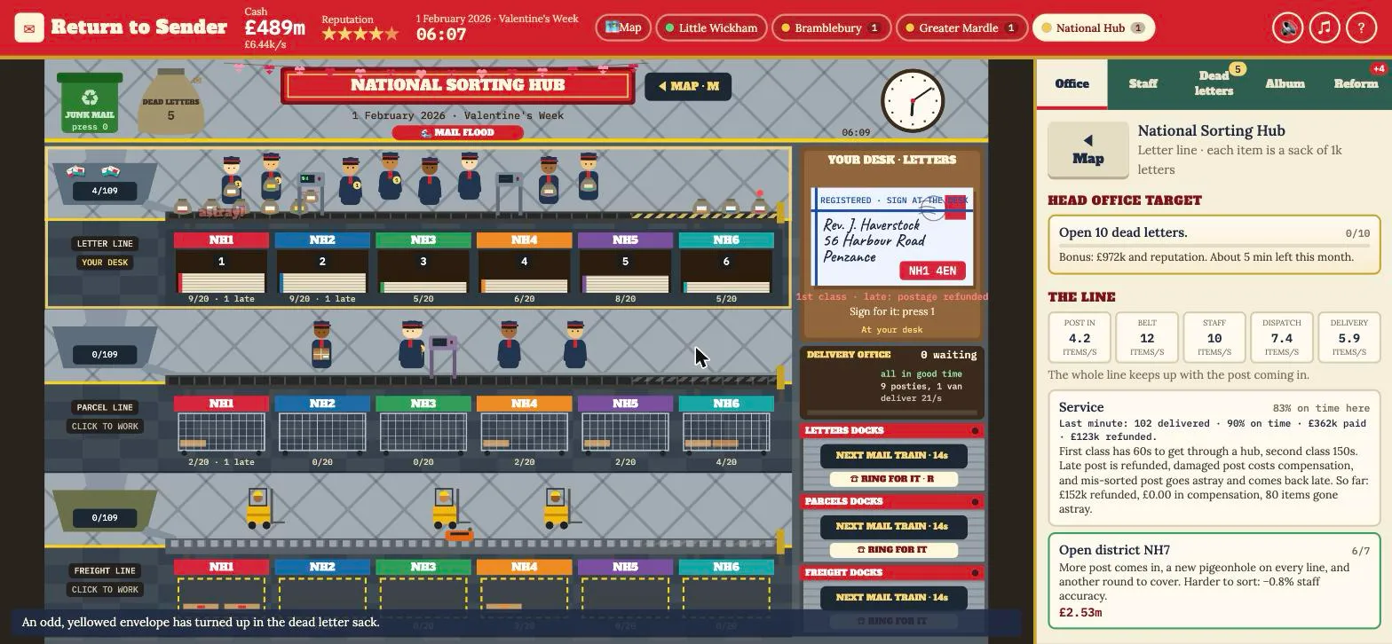 The National Sorting Hub in a mail flood: letter, parcel and freight lines stacked one above another, with the desk, delivery office and loading docks for each