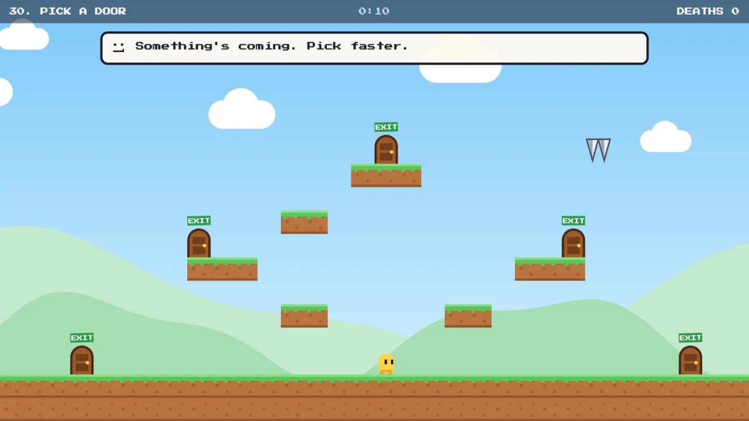 Pick a Door: five exit doors on the floor and on floating platforms, with a spike flying in from the top right
