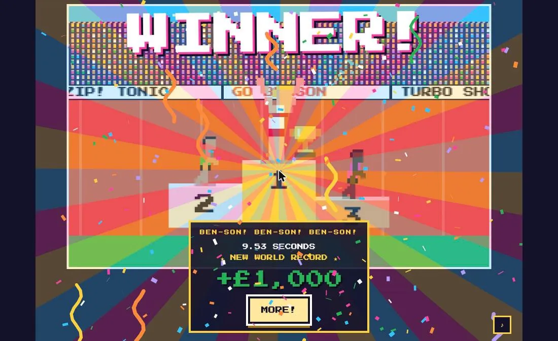 A win: WINNER! over the podium, with sun rays, confetti, ribbons, a new world record and the prize money counting up