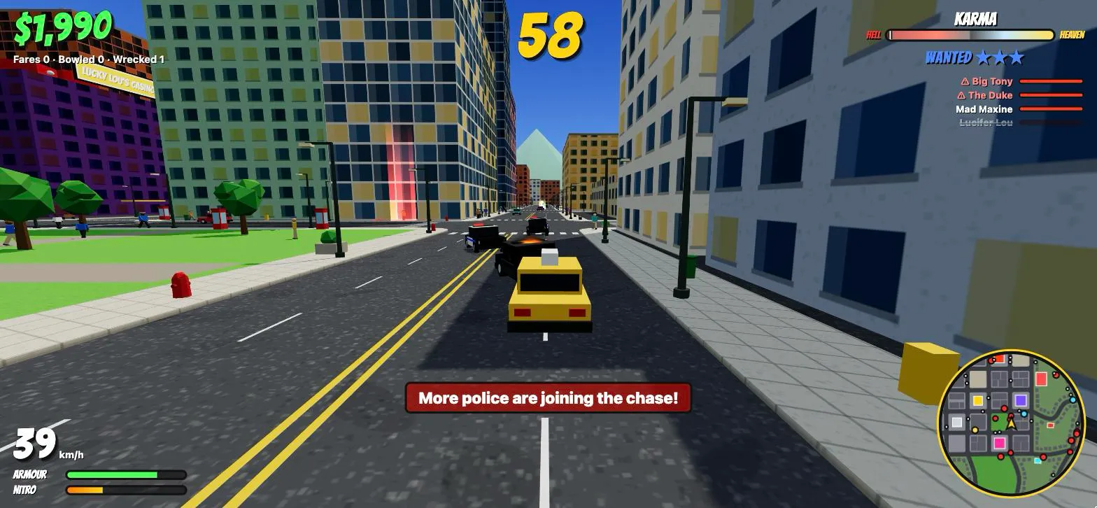 Three police cars coming head on at the taxi downtown, wanted three stars