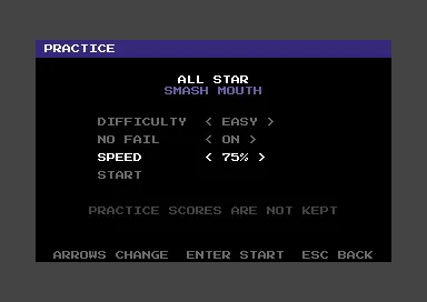 Practice settings for All Star: difficulty Easy, No Fail on, speed 75%, and Start
