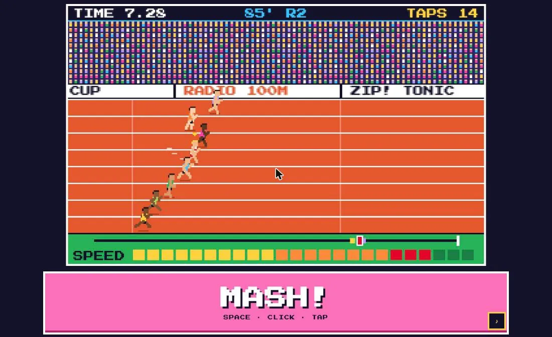 A race: eight sprinters on the red track in front of the crowd, with the time, the taps per second, the progress strip and the speed bar