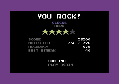 The results: YOU ROCK!, four stars, the score, notes hit, accuracy and best streak