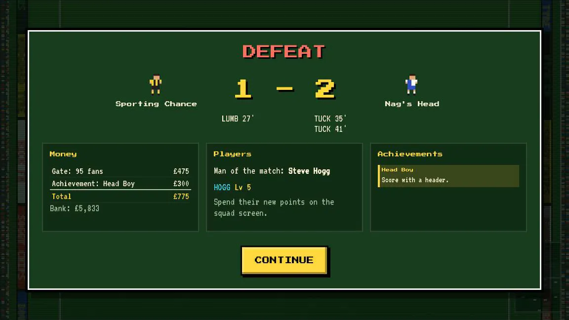 The results screen: the scorers, the gate money, a level-up and the Head Boy achievement