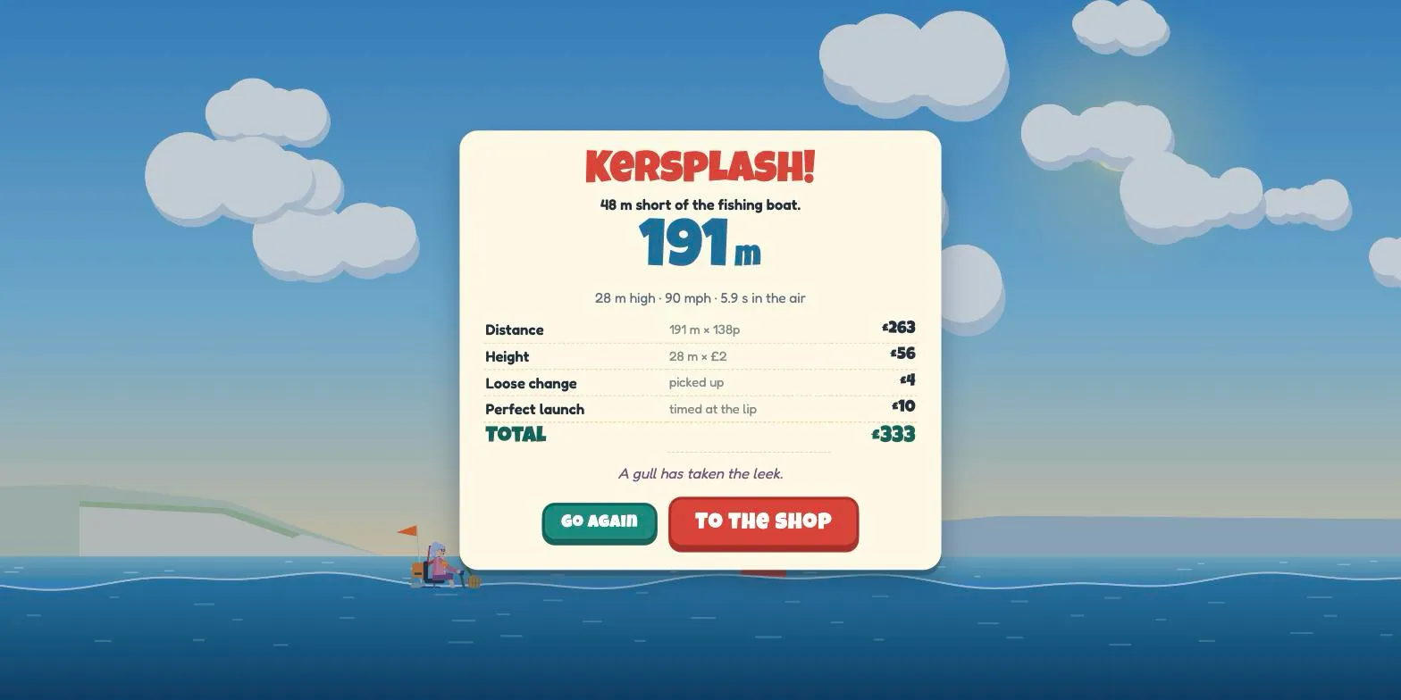 The results card: Kersplash! 191 metres, and the pounds earned for distance, height, loose change and a perfect launch