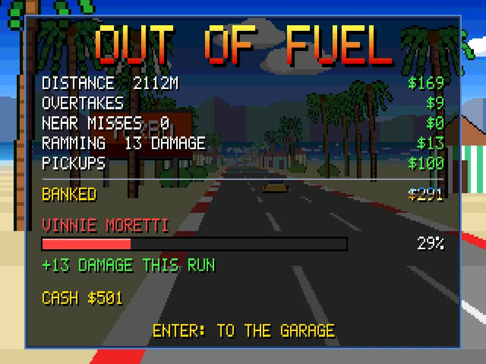 The end of a run: cash for distance, overtakes, near misses and ramming