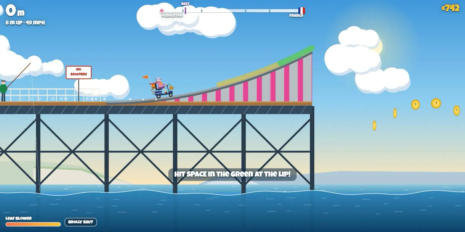 Doris charges up the ramp at the end of the pier, with the launch window glowing green at the lip