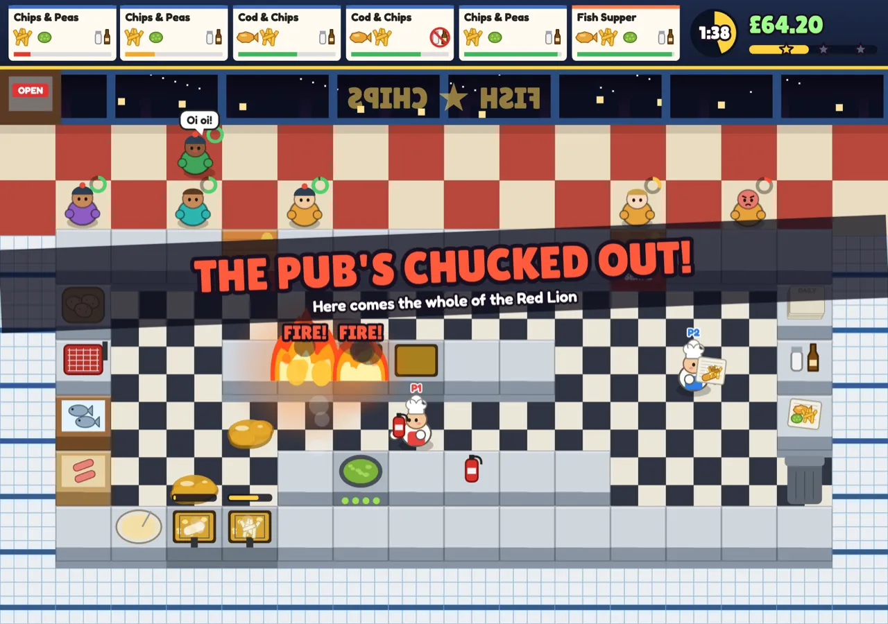 Chucking-Out Time, as the pub empties into the shop and the fryer island burns