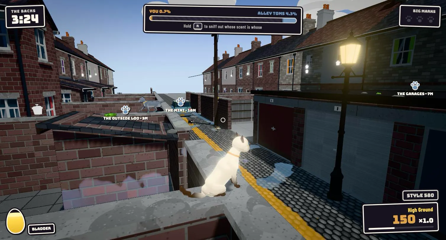 Scent vision in the back alley: the player’s trail shows amber, the rival crew’s slate blue