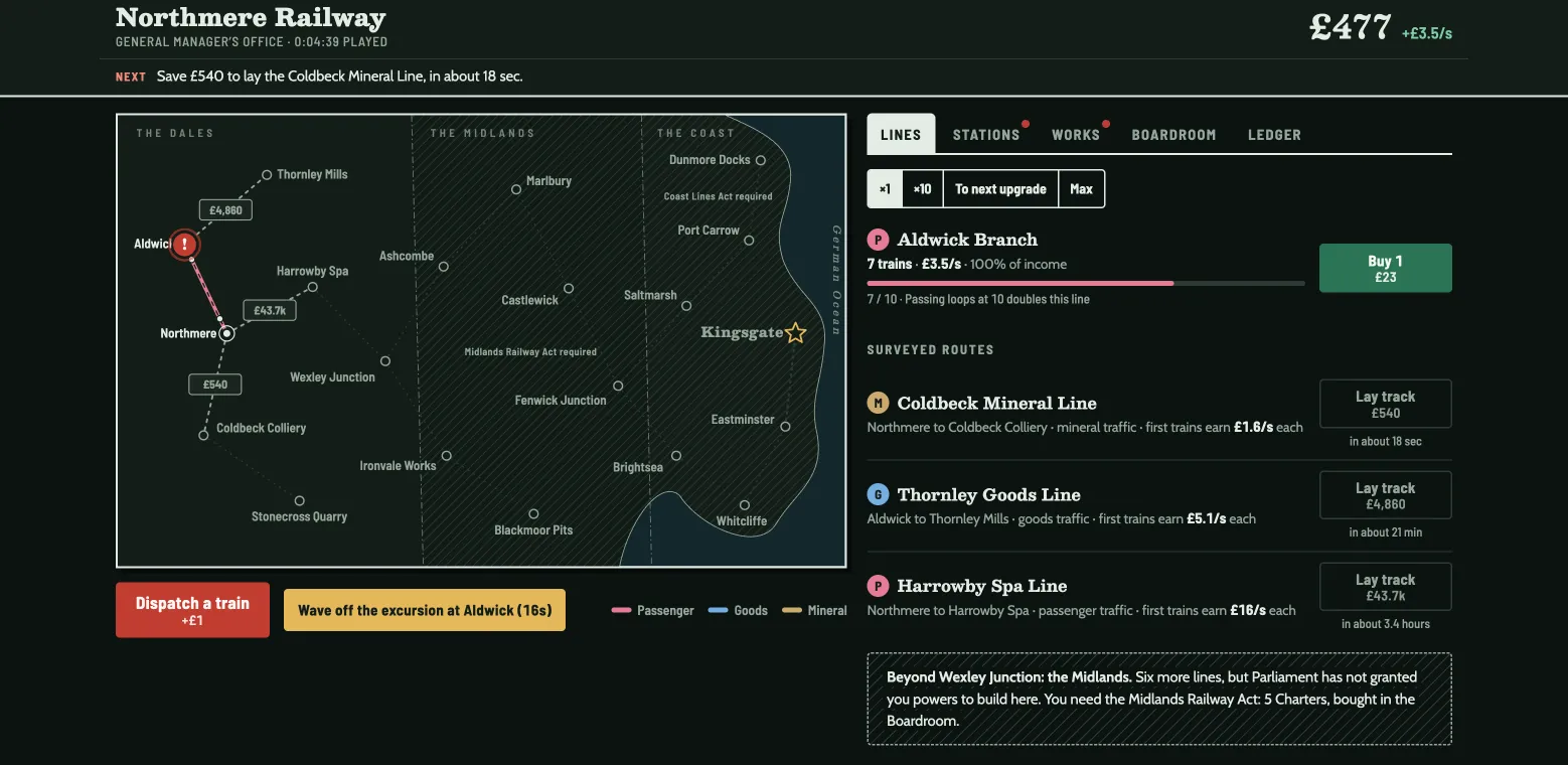Northmere Railway in play: the map of the Dales, Midlands and Coast, with the Lines tab open
