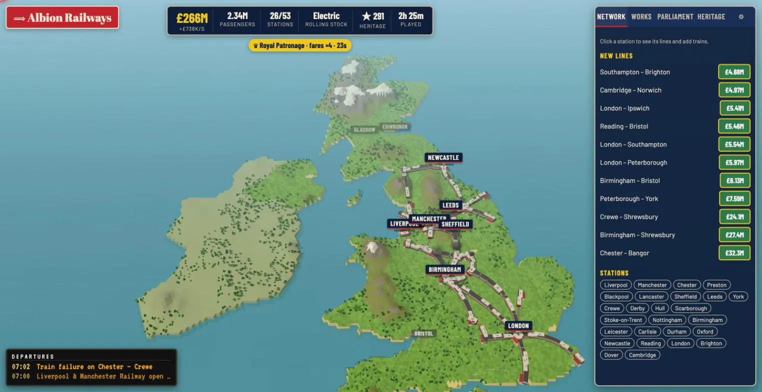 The whole map, with the network from Newcastle to London