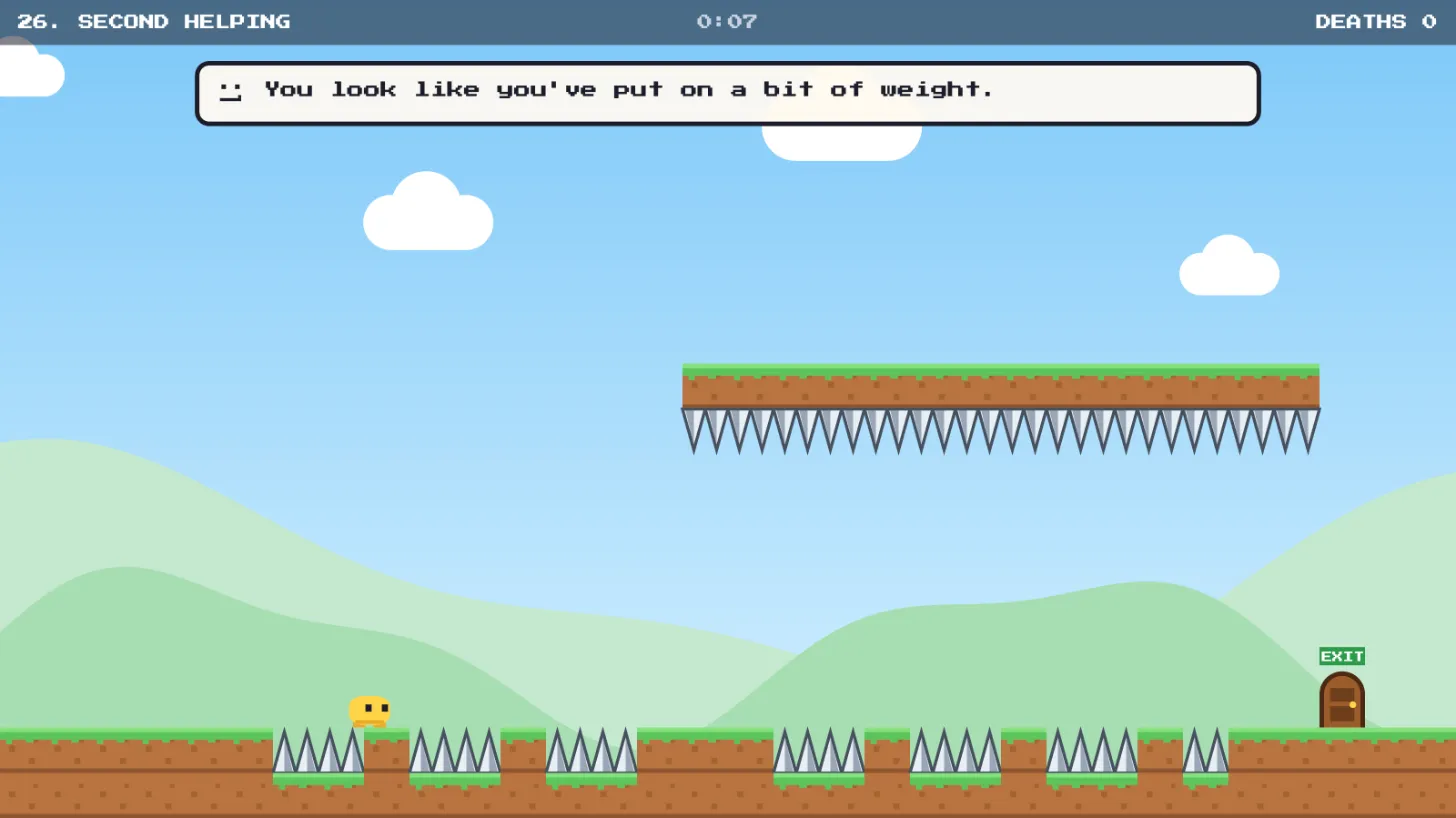 Second Helping: the player, drawn wide and squat after a heavy-jump warning, stands on a one-tile pillar over spikes, with a ceiling of spikes further along