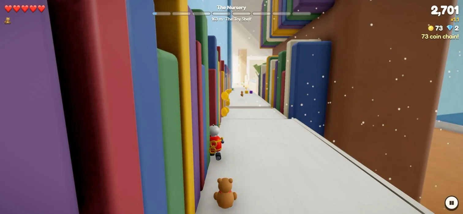 The Toy Shelf, a high route: running along the shelf above the nursery between rows of books, with a rescued teddy following behind