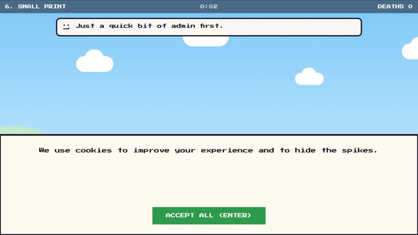 Small Print: a cookie banner covers the bottom of the screen, and the floor, spikes and trapdoor under it