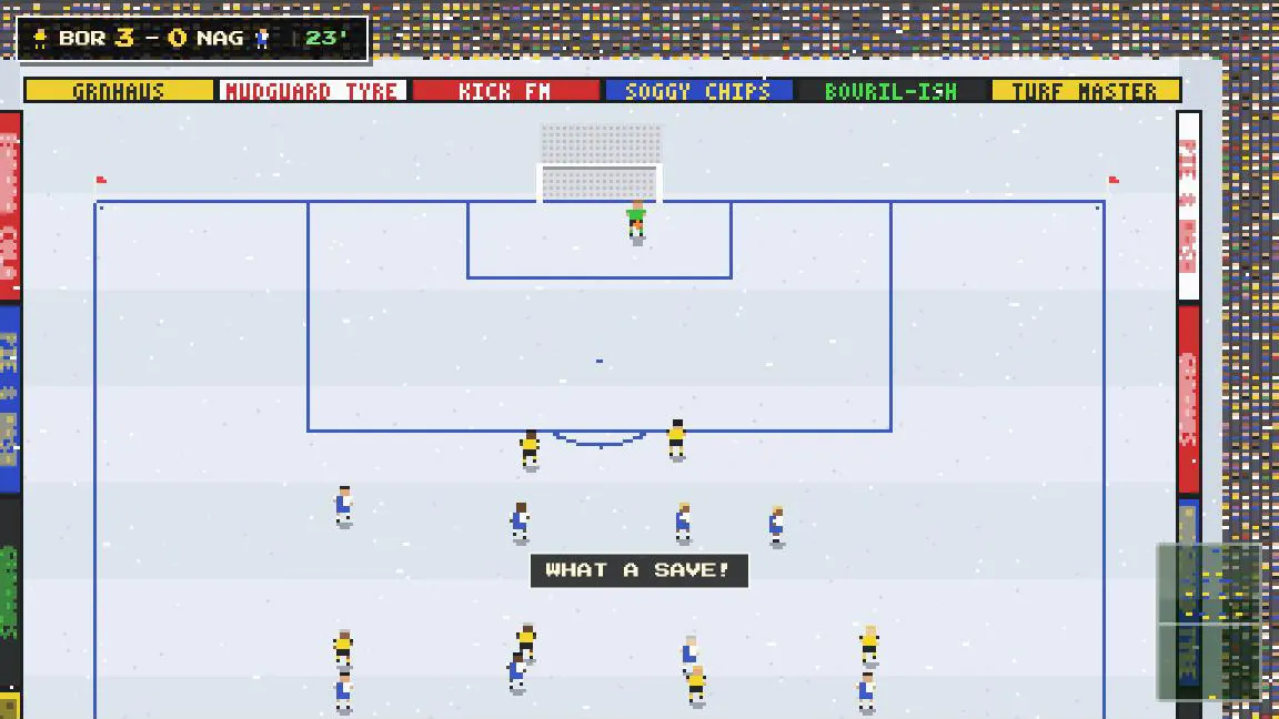 A snow-covered pitch with blue lines and an orange ball, as the keeper makes a save