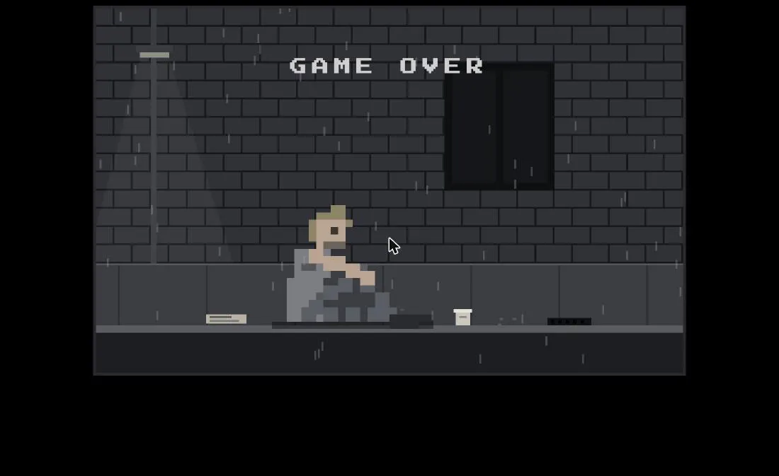 John slumped against a wall on a rainy street at night, under GAME OVER