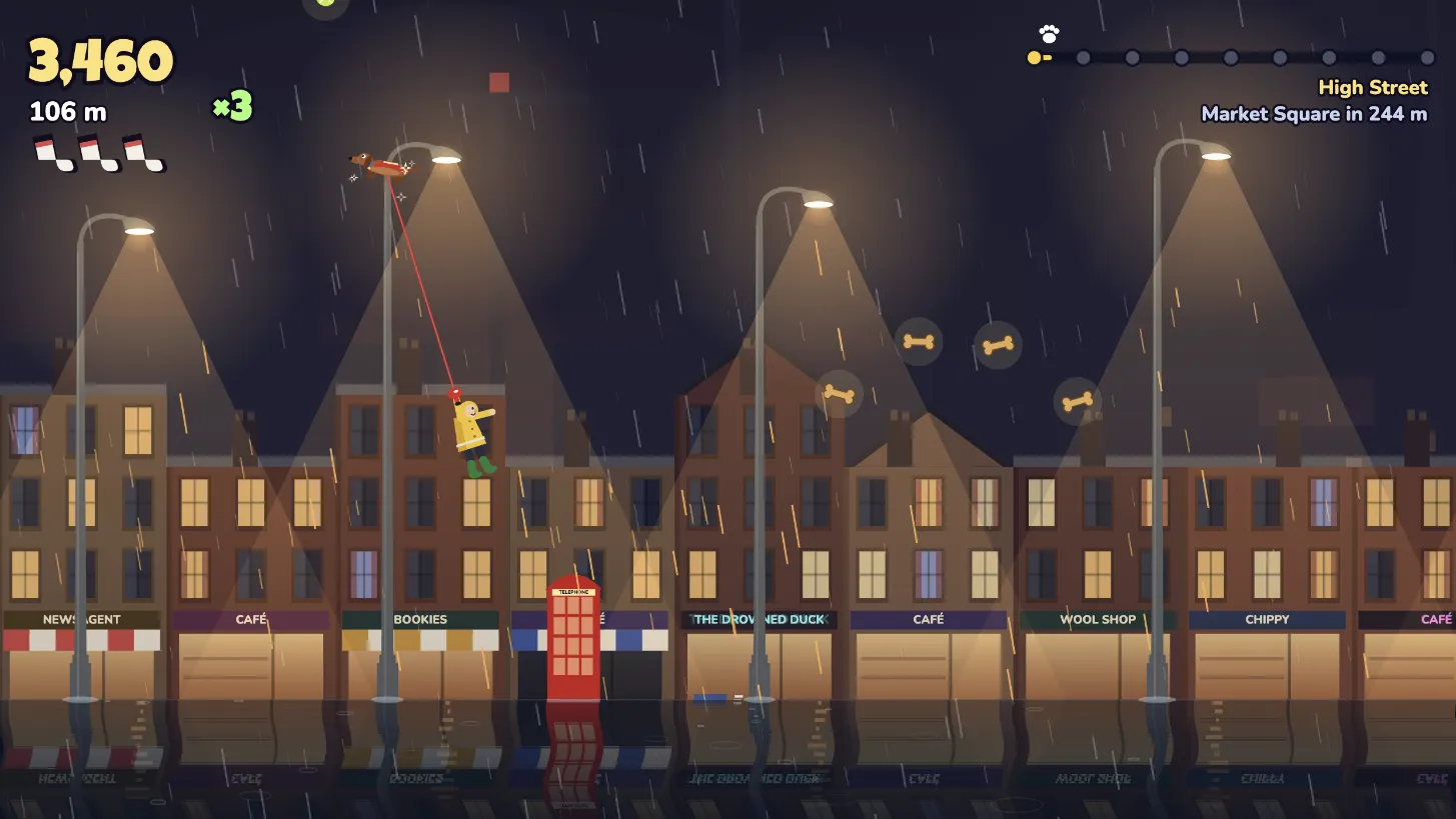 The owner in a yellow raincoat swings under a lamppost on the High Street, hanging from the extendable lead, with Sausage the dachshund braced on top of the post