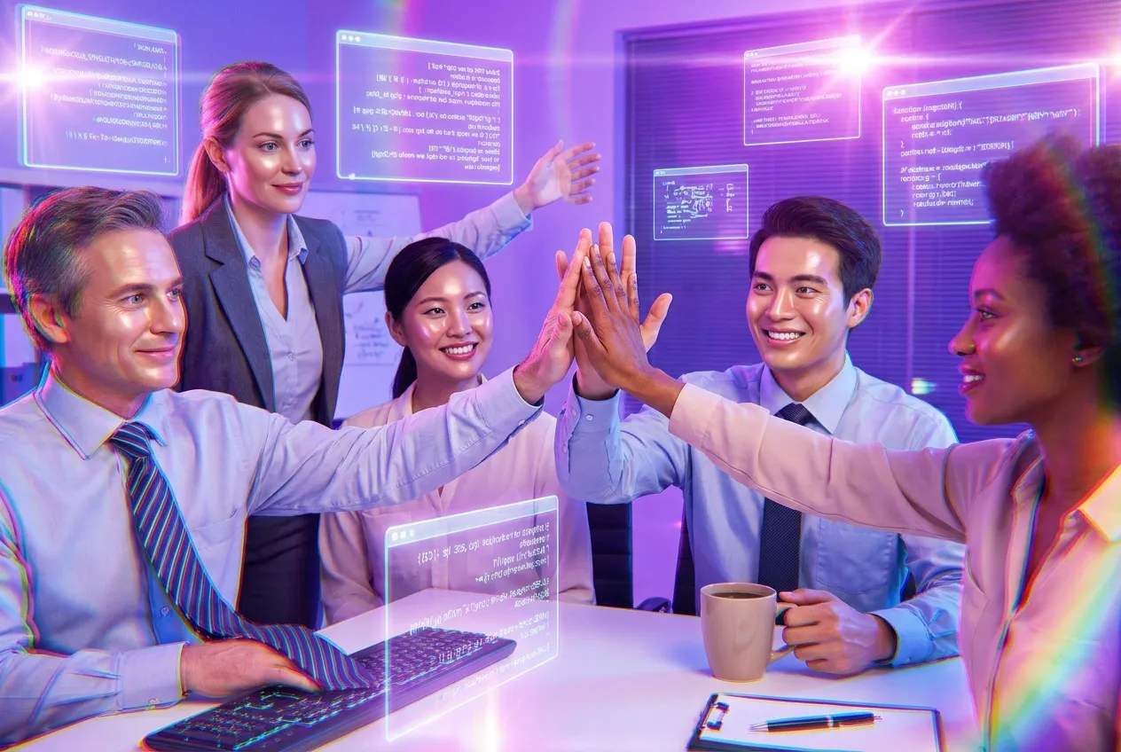 AI-generated stock photo of a game development team high-fiving in a neon office, while the woman at the back waves a hand with six fingers