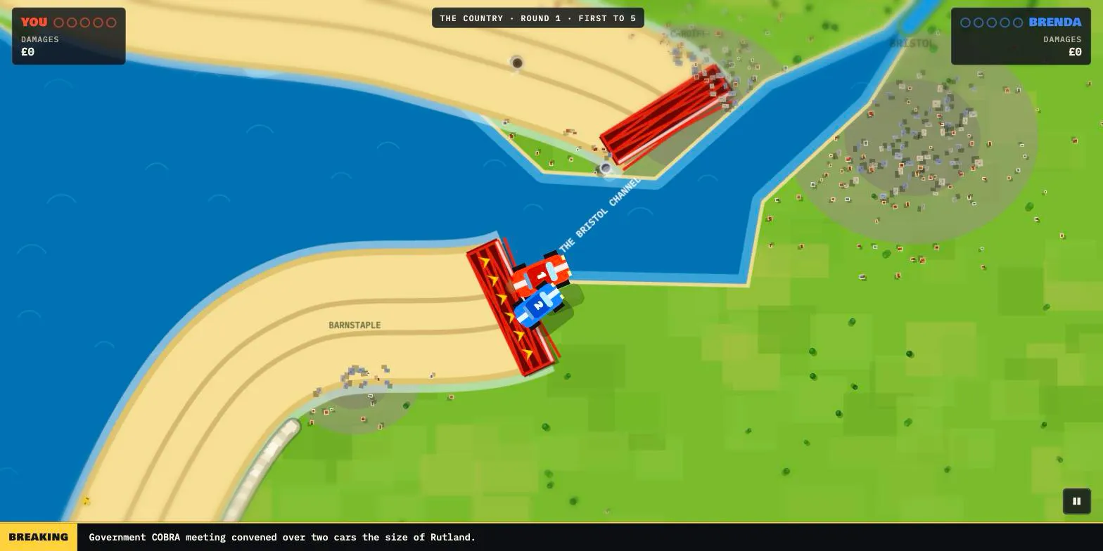 The Country: the cars jump the Bristol Channel off a half-built red bridge, from one beach to the next