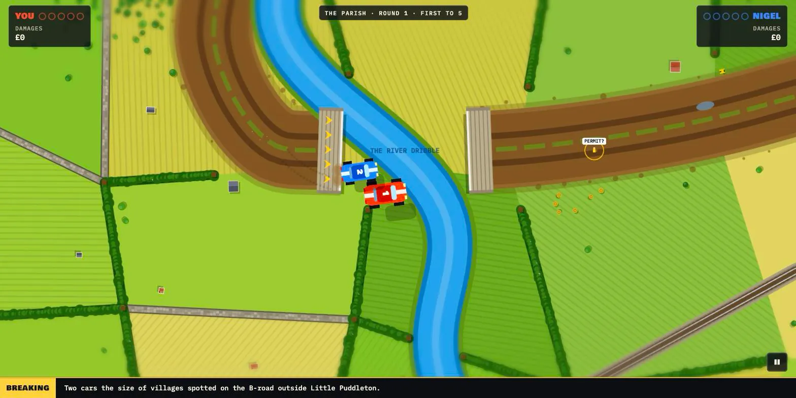 The Parish: both cars in the air off a humpback bridge over the River Dribble, on the muddy ruts of the rally course