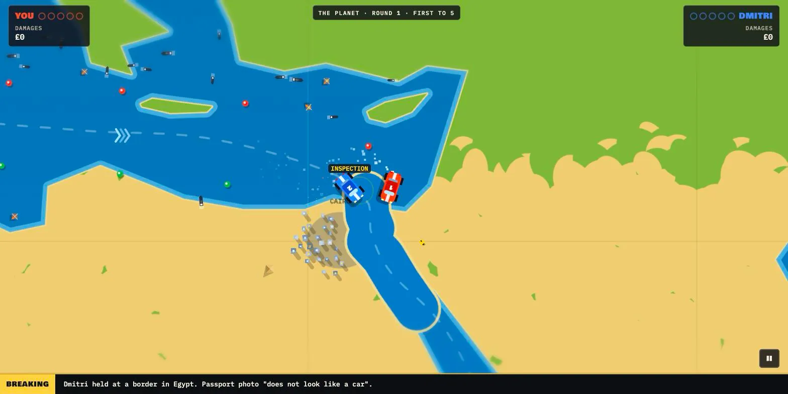 The Planet: the cars wade out of the Mediterranean into the Suez Canal, past ships and red and green buoys
