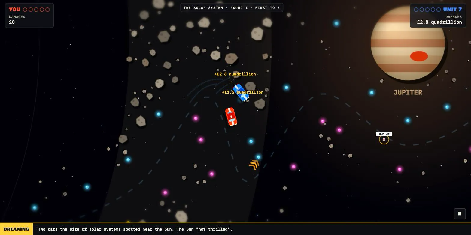 The Solar System: the cars weave through the solid rocks of the asteroid belt between beacons, with Jupiter beyond