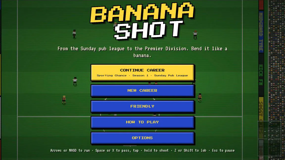 The title screen, over a CPU match on a sunny pitch