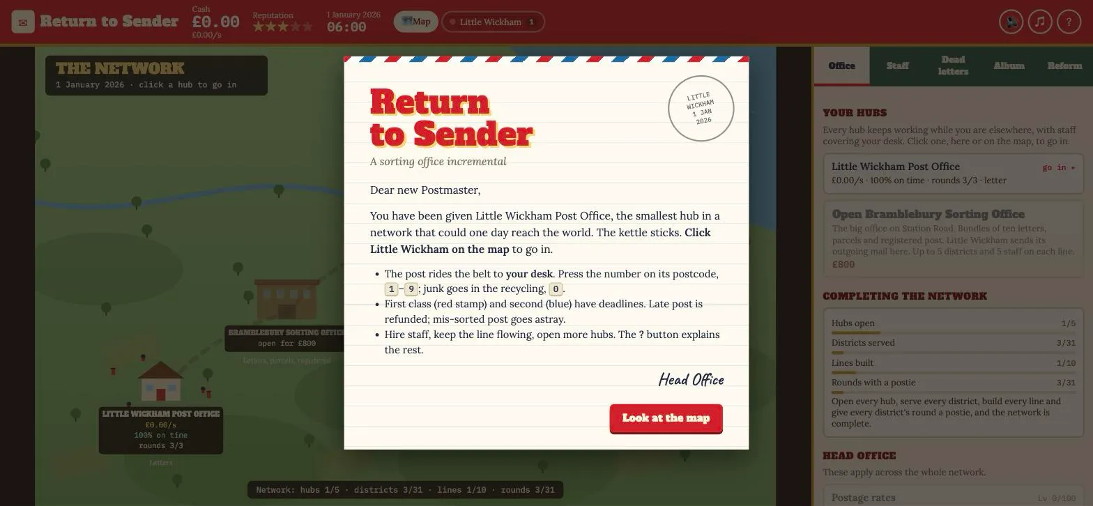 The title screen: a welcome letter from Head Office over the map