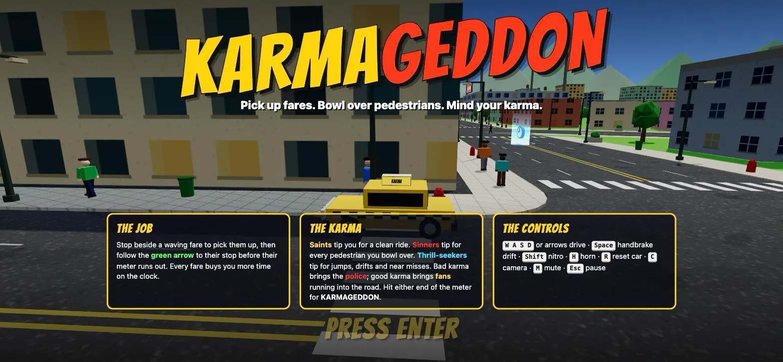 The title screen: the Karmageddon logo over a downtown street, with the yellow chequered taxi parked at the kerb